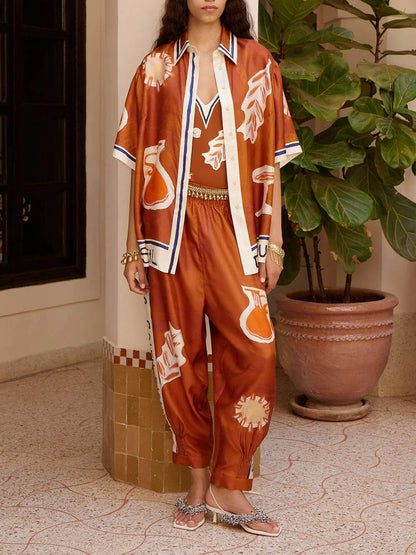 Unique Satin Art Pattern Printed Stand Collar Loose Button Shirt