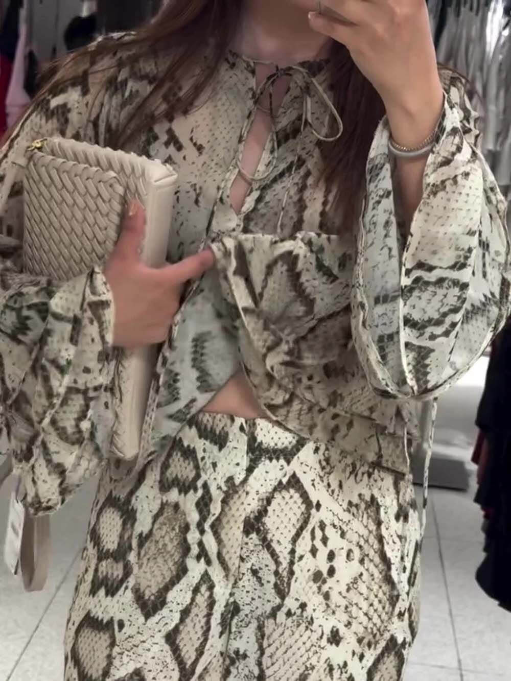 Unique Snake Print Tie-Up Long Sleeve Shirt