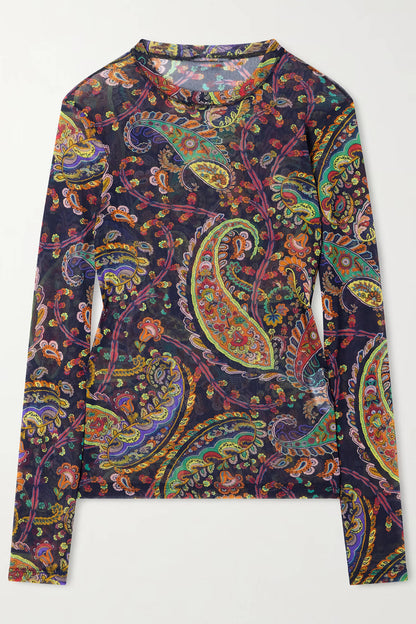 Exquisite Paisley Print Mesh Top