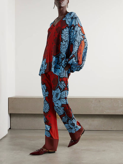 Unique Color-Block Print V-Neck Satin Loose Shirt