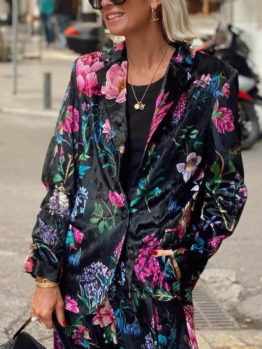 Retro Floral Print Lapel Blazer