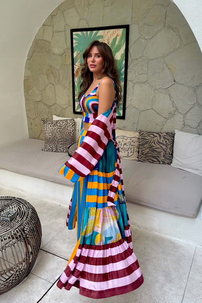 Unique Fashion Striped Print Long Kimono-Style Top