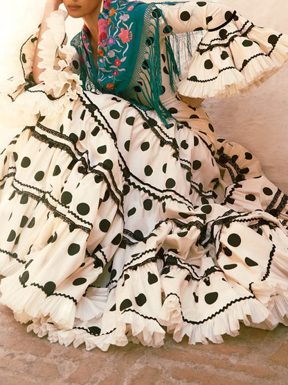 Exquisite Polka Dot Print Ruffle-Trim Flare-Sleeve A-Line Maxi Dress