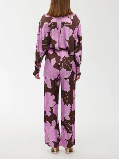 Casual Magnolia Print Asymmetric Loose Button-Up Shirt