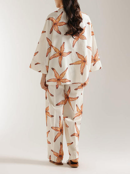 Unique Starfish Print Loose Plus-Size Button-Up Shirt