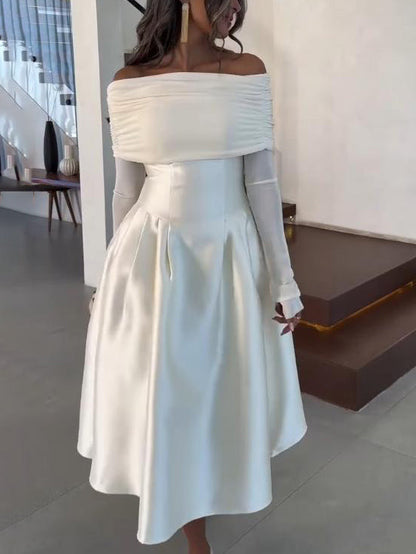 Elegant Off-Shoulder Satin Midi Dress