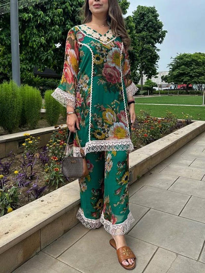 Elegant Floral Print Lace-Trim Long Shirt