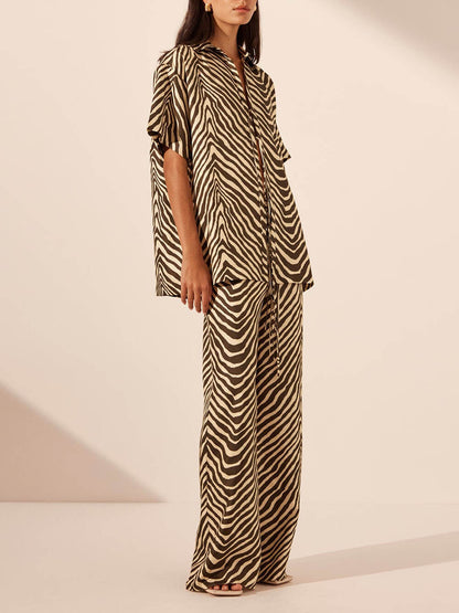 Exquisite Satin Unique Wave Pattern Print Lace-Up Oversized Shirt