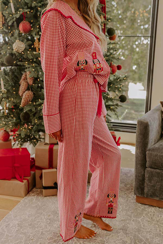 Christmas Nutcracker Charm Embroidered Gingham Loose Shirt and Elastic Waist Pajama Set