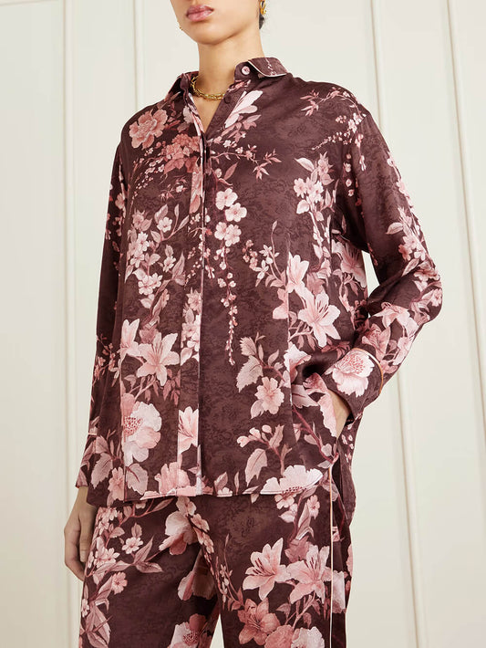 Exquisite Floral Print Satin Button-Up Shirt