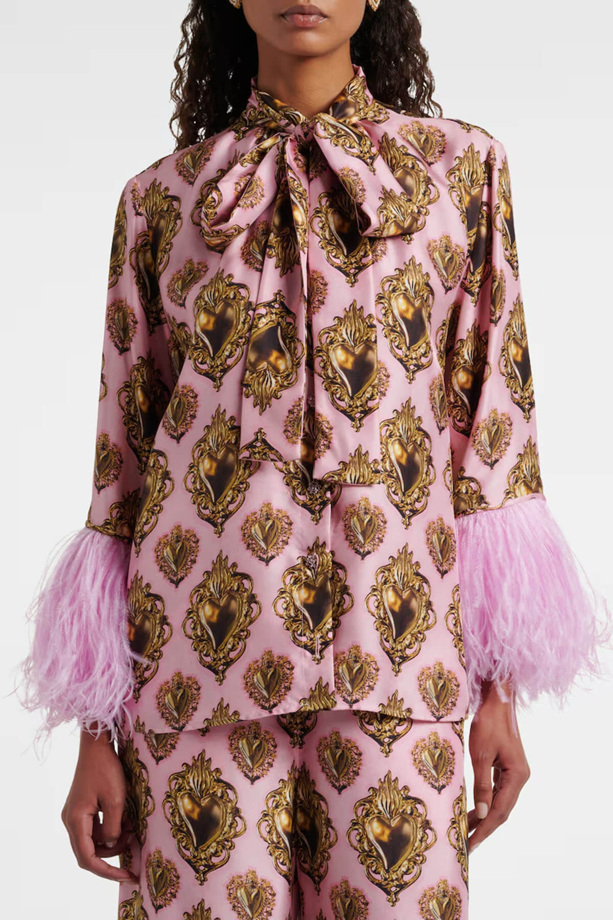 Exquisite Feather-Trimmed Printed Satin Blouse