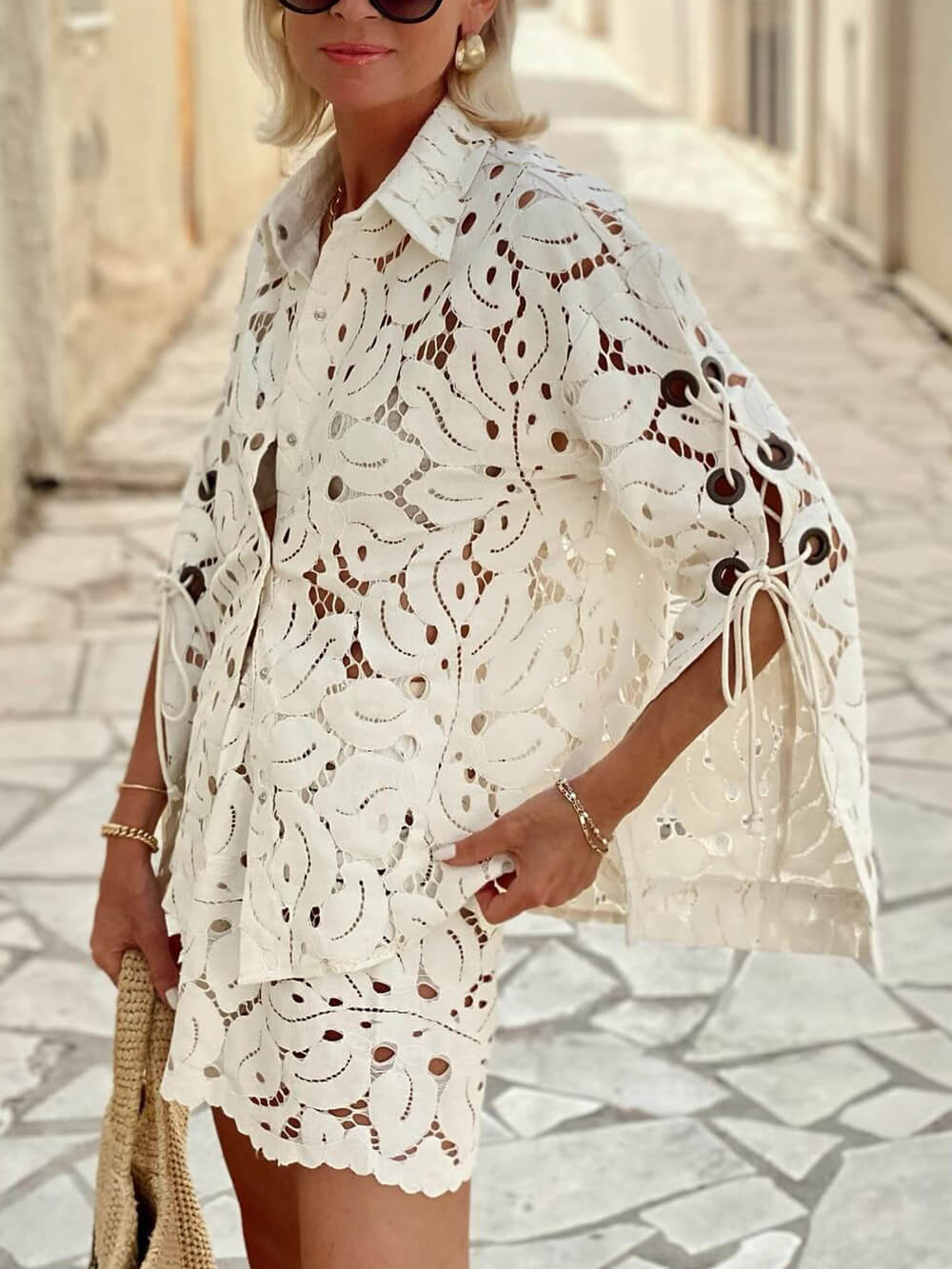 Vintage Exquisite Lace Crochet Slit Sleeve Top And Shorts Set