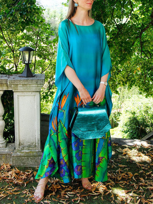 Bohemian Floral Print Satin Maxi Dress