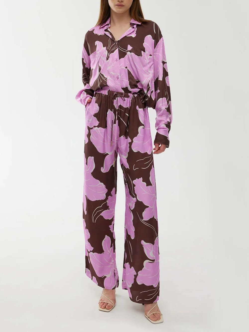 Casual Magnolia Print Asymmetric Loose Button-Up Shirt