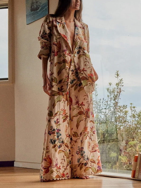 Exquisite Retro Floral Print Lapel Blazer Loose Pocket Wide-Leg Pants Set