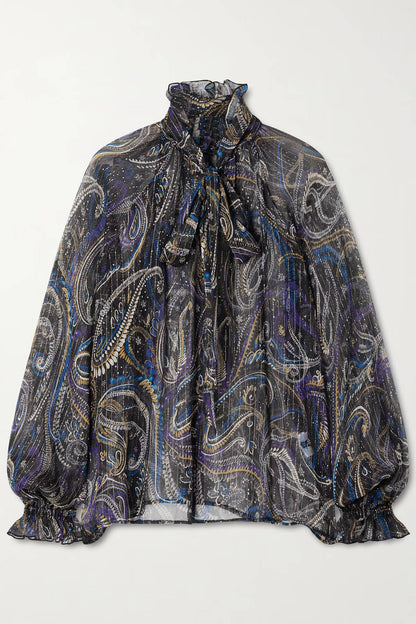 Retro Bow Print Chiffon Long-Sleeve Loose Blouse