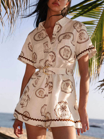 Elegant Lace-Up Linen Shell Print Cardigan Jumpsuit