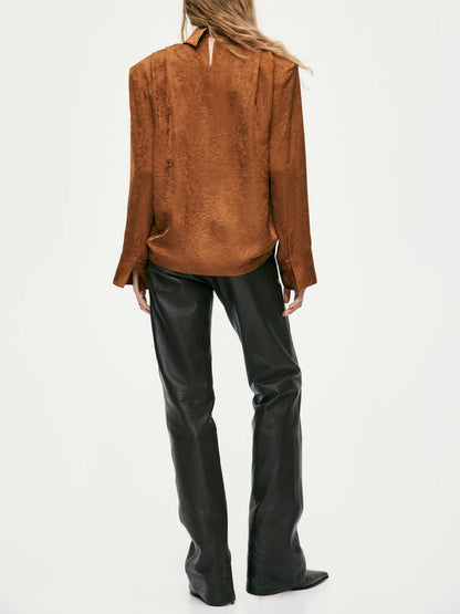 Elegant Satin High-Neck Blouse & Pants Two-Piece Set