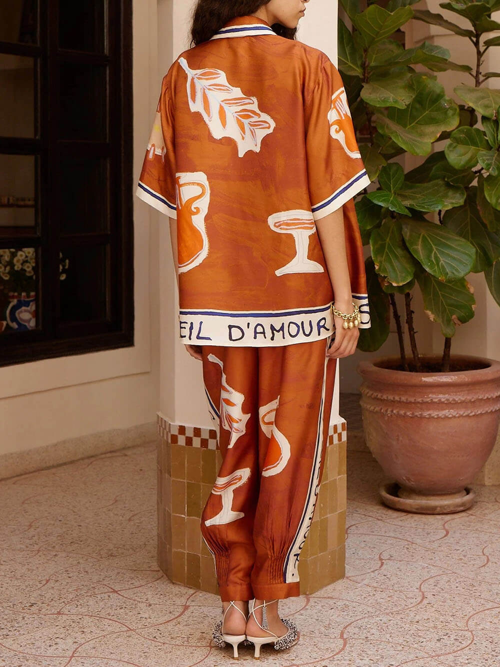 Unique Satin Art Pattern Printed Stand Collar Loose Button Shirt