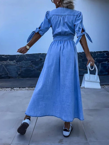 Unique Pleats Solid Color V-Neck Button-Down Denim Midi Dress