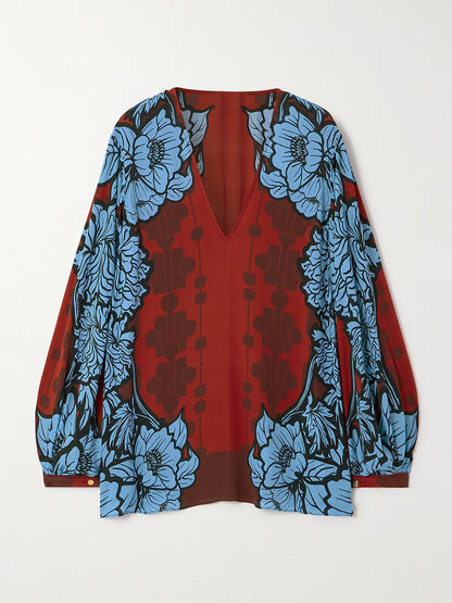 Unique Color-Block Print V-Neck Satin Loose Shirt