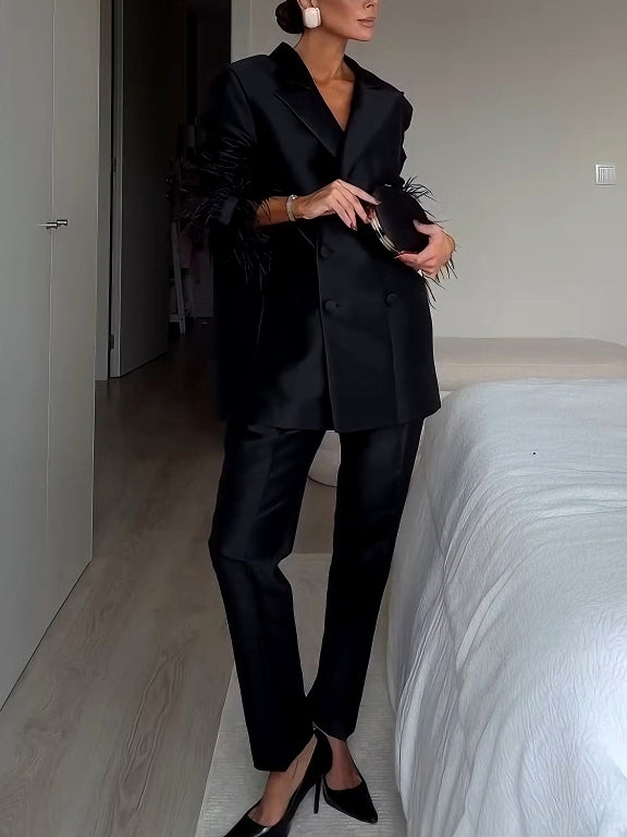 Elegant Satin Feather-embellished Double-breasted Blazer