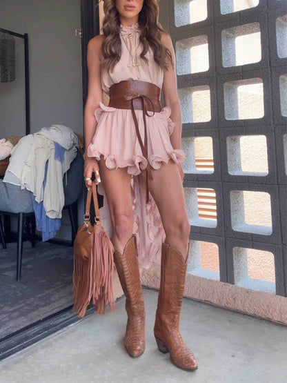 Delicate Romantic Drama Chiffon Wavy Ruffles Halter Irregular A-line Top