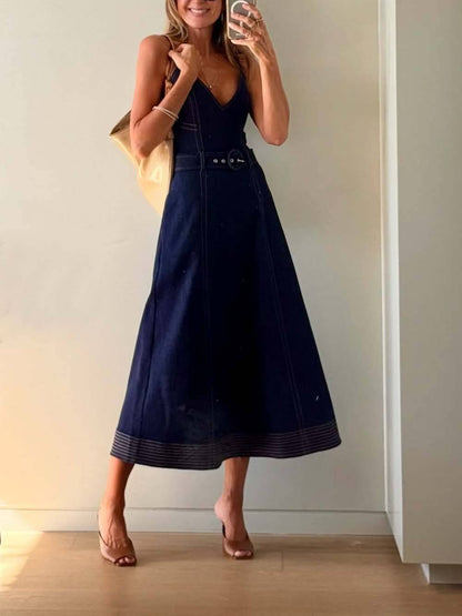 Casual V-Neck Flared Midi Dress
