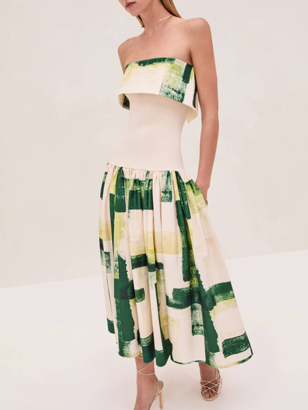 Elegant Printed Strapless Ribbed Bodycon Midi Dress