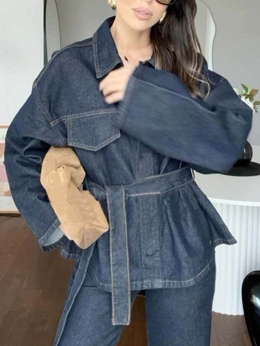 Classic Fashion Workwear-Style Denim Button-Up Long Sleeve Pocketed Collar Jacket