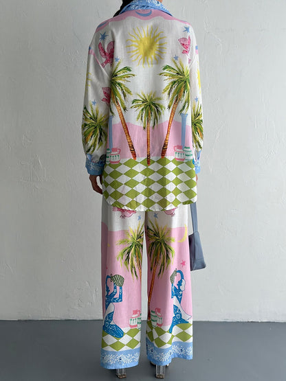 Unique Seaside Palm Tree Print Loose Button-Down Oversized Shirt