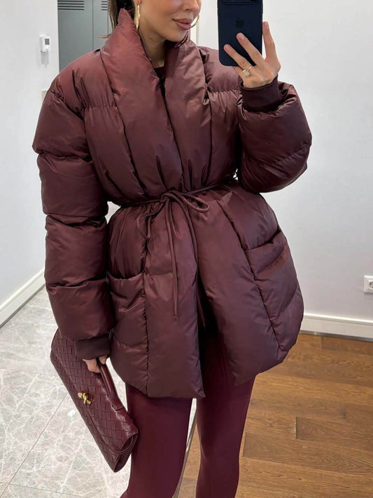 Fashion Pocket Fold-Over Puffy Lace-Up Coat