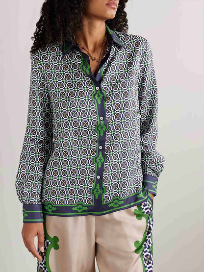 Unique Geometric Pattern Printed Satin Long-sleeved Shirt