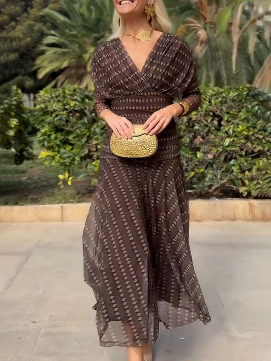 Elegant Retro Bohemian Style V-neck Mesh Print Maxi Dress