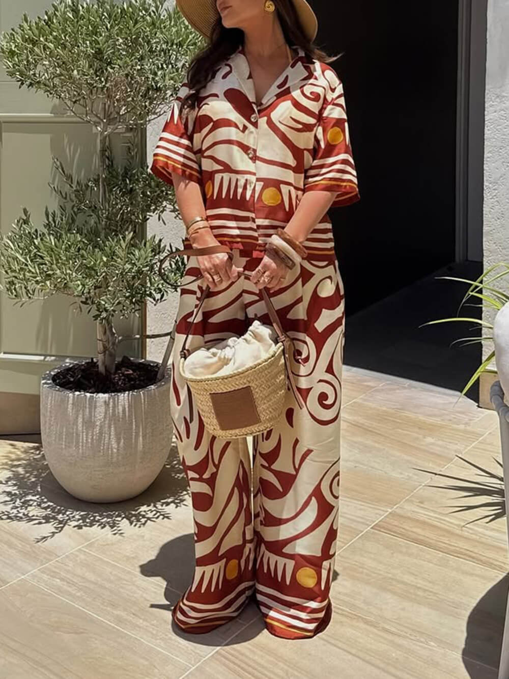 Unique Printed Lapel Satin Loose Shirt