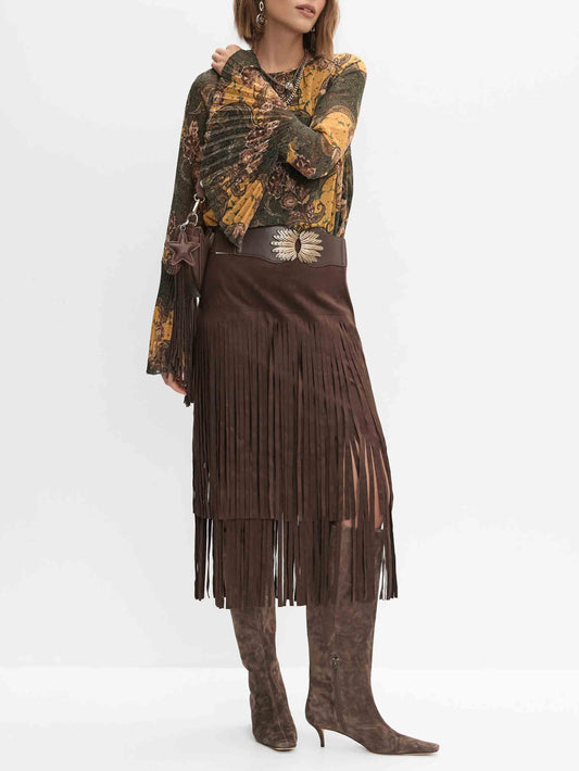 Retro Paisley Print Bell-sleeve Shirt Two-piece Set