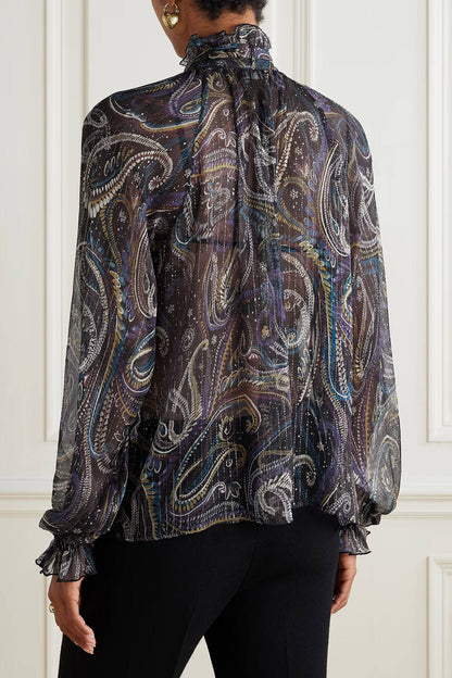 Retro Bow Print Chiffon Long-Sleeve Loose Blouse