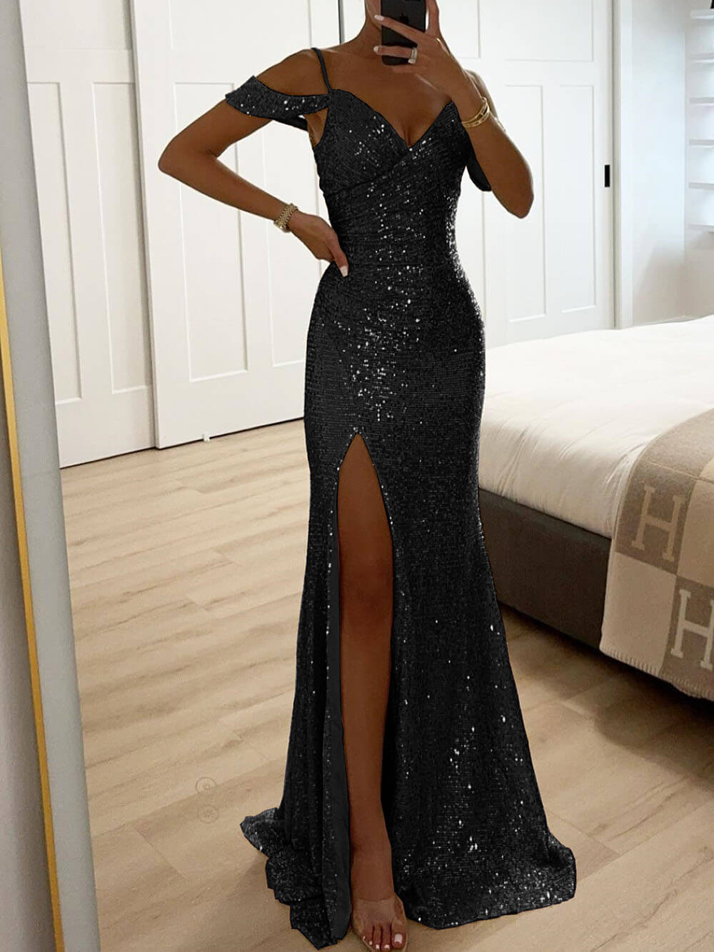 Elegant V-Neck Sequin Side-Slit Sleeveless Gown Maxi Dress