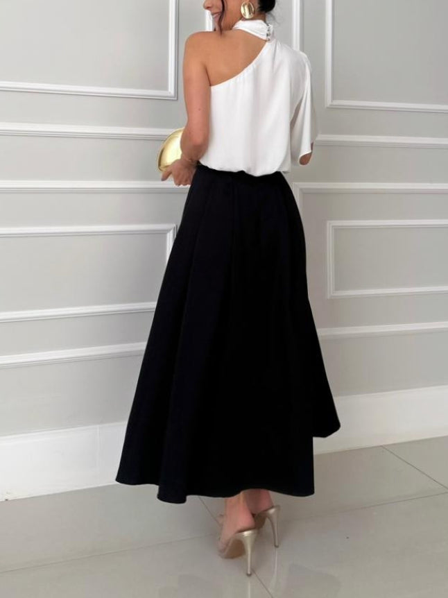 Elegant Asymmetrical Collar Shirt & Skirt Two-Piece Set