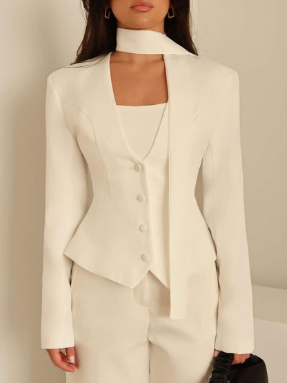 Fashion Solid Color V-Neck Scarf-Trimmed Long Sleeve Blazer