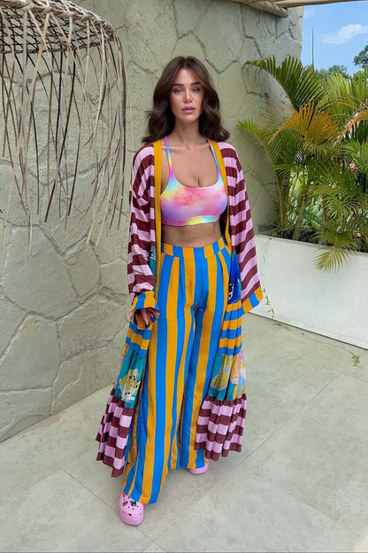 Unique Fashion Striped Print Long Kimono-Style Top