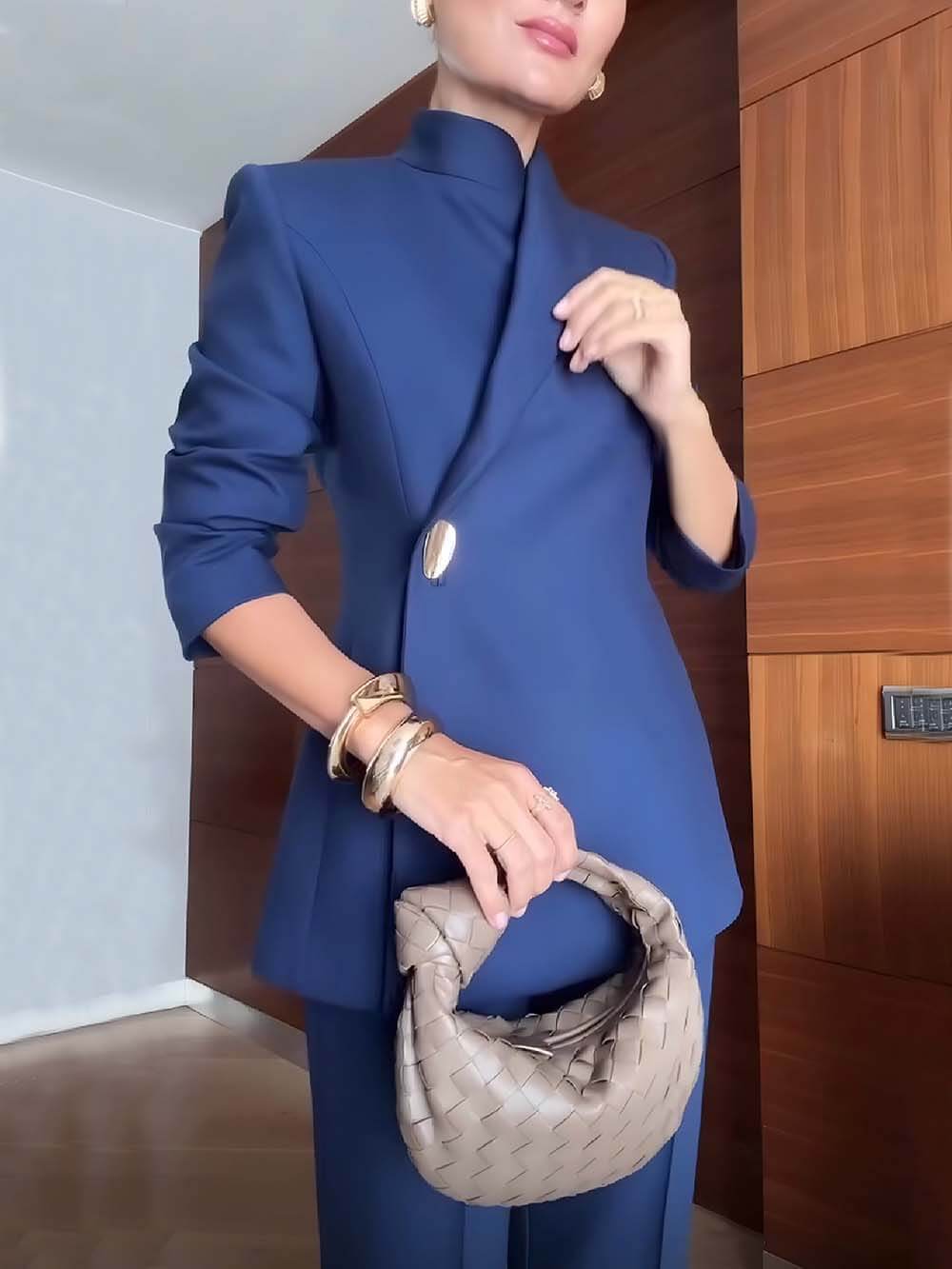 Fashionable Stand Lapel Neck Metal Button Long Sleeve Blazer