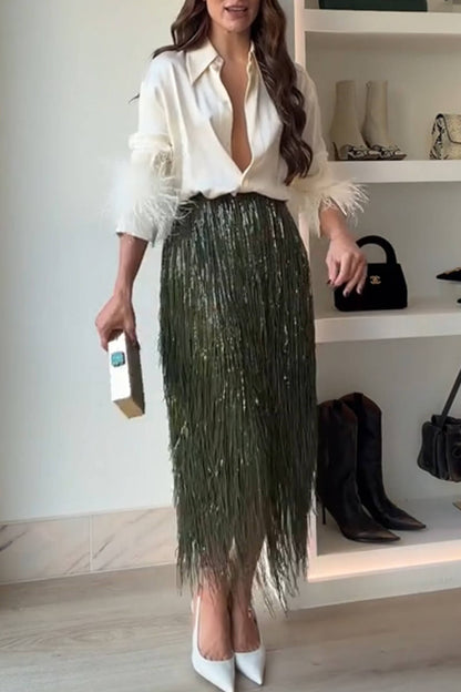 Exquisite Feather-Trim Button-Up Shirt And Sequin Fringe Skirt Set