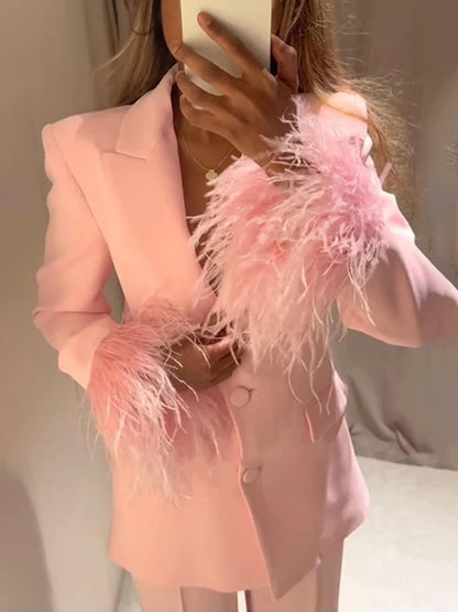 Elegant Pink Feather-Trim Long-Sleeve Blazer