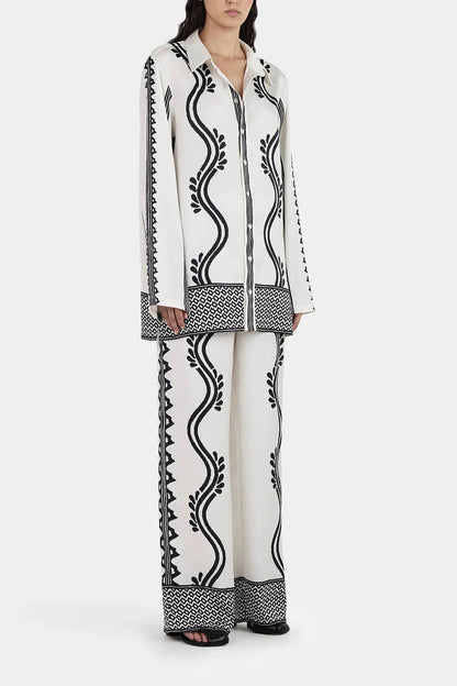 Retro Geometric Wave Print Loose Button-Down Shirt