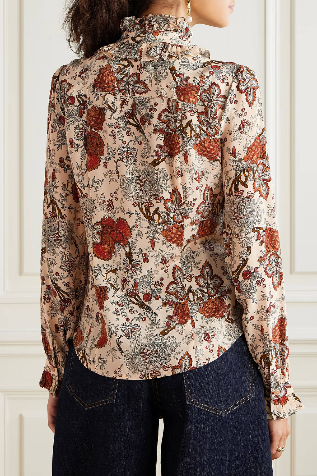 Unique Pussy-Bow Floral-Print Satin Blouse