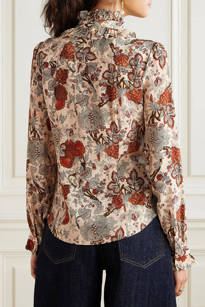 Unique Pussy-Bow Floral-Print Satin Blouse
