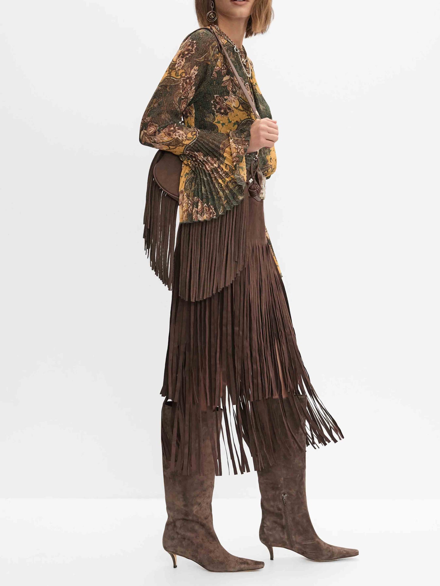 Retro Paisley Print Bell-sleeve Shirt Two-piece Set