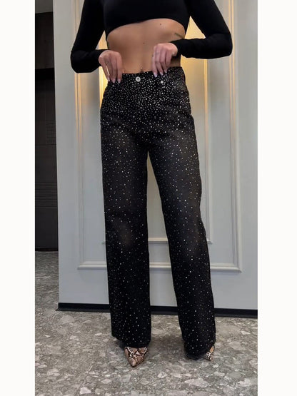 All-Over Rhinestone Wide-Leg Jeans