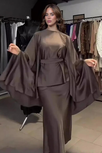 Fashionable Round Neck Irregular Batwing Sleeve Top Slim-Fit Maxi Skirt Set